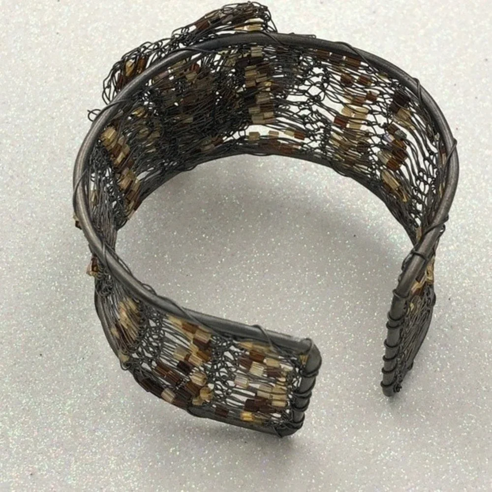 🌼 Gun Metal Wire Art Brown Bead Flower Statement Cuff Bracelet